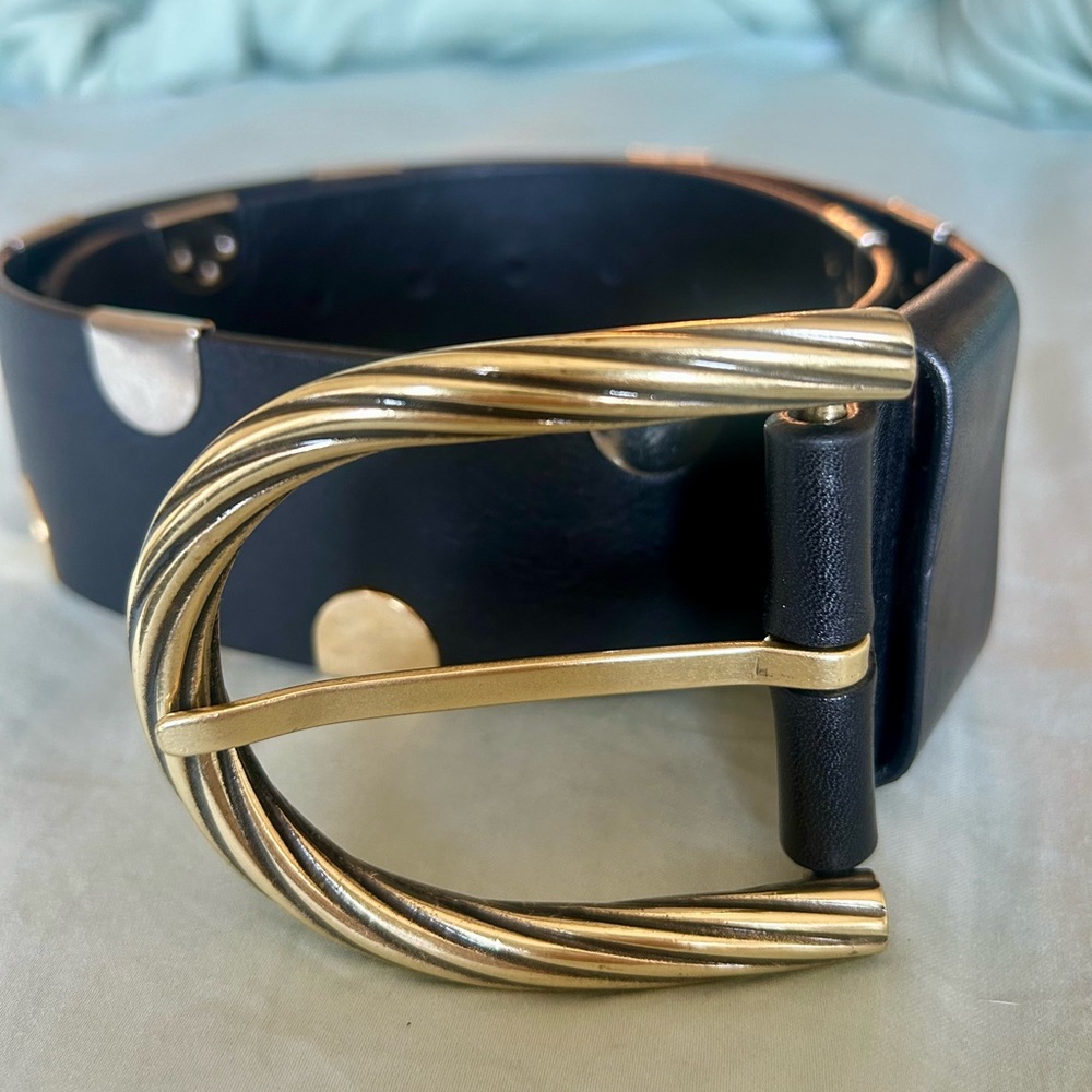 Barneys New York Black Belt with Textured Gold Buckle
